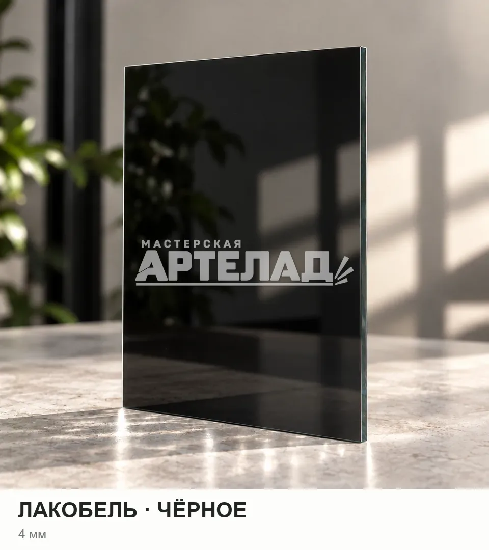 Образец стекла «Лакобель — чёрное», 4 мм, с маркировкой АРТЕЛАД