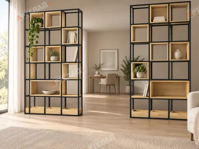 Парные стеллажи с деревянными кубами, пример ARTELAD ART-SH-007, визуализация металлического каркаса для индивидуального изготовления